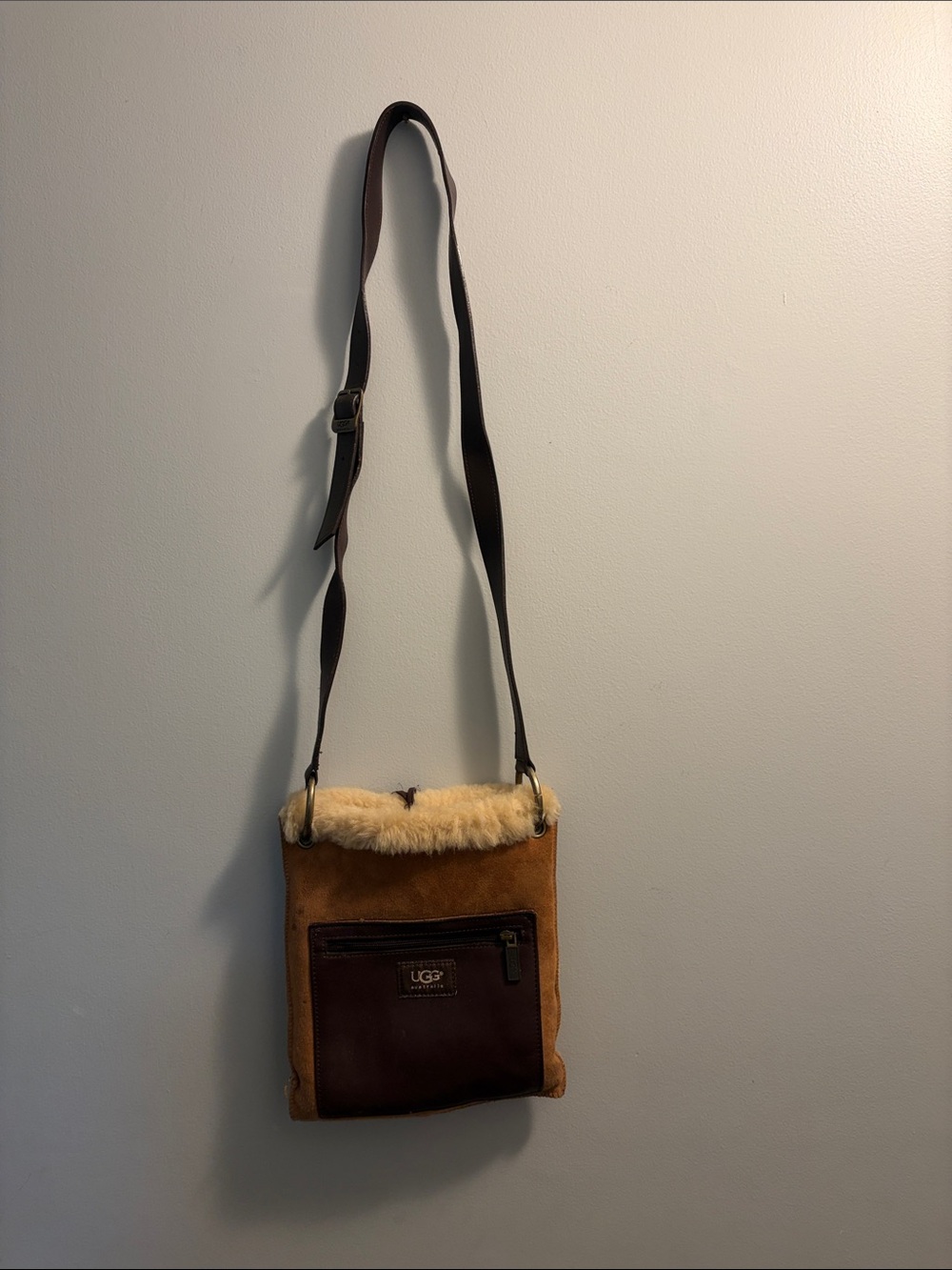 UGG Chestnut Suede Crossbody with Shearling Trim